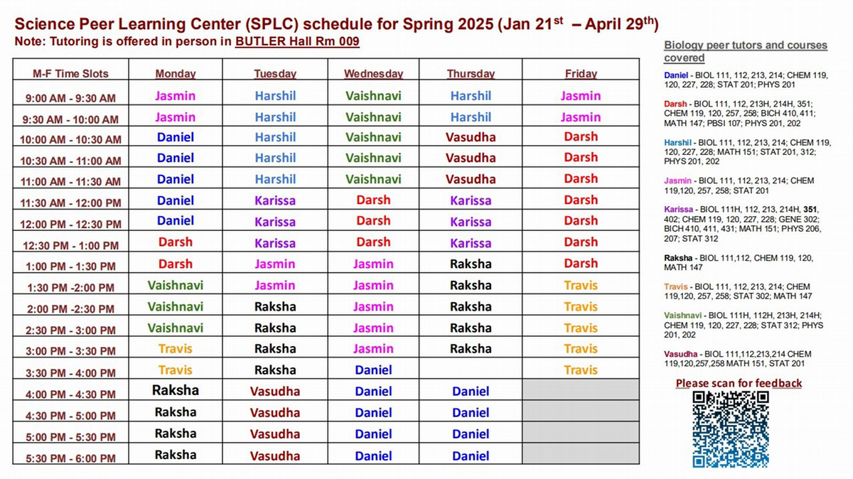 Science Peer Learning Center (SPLC) schedule for fall 2023 (Aug 28th - dec 4th 2023)