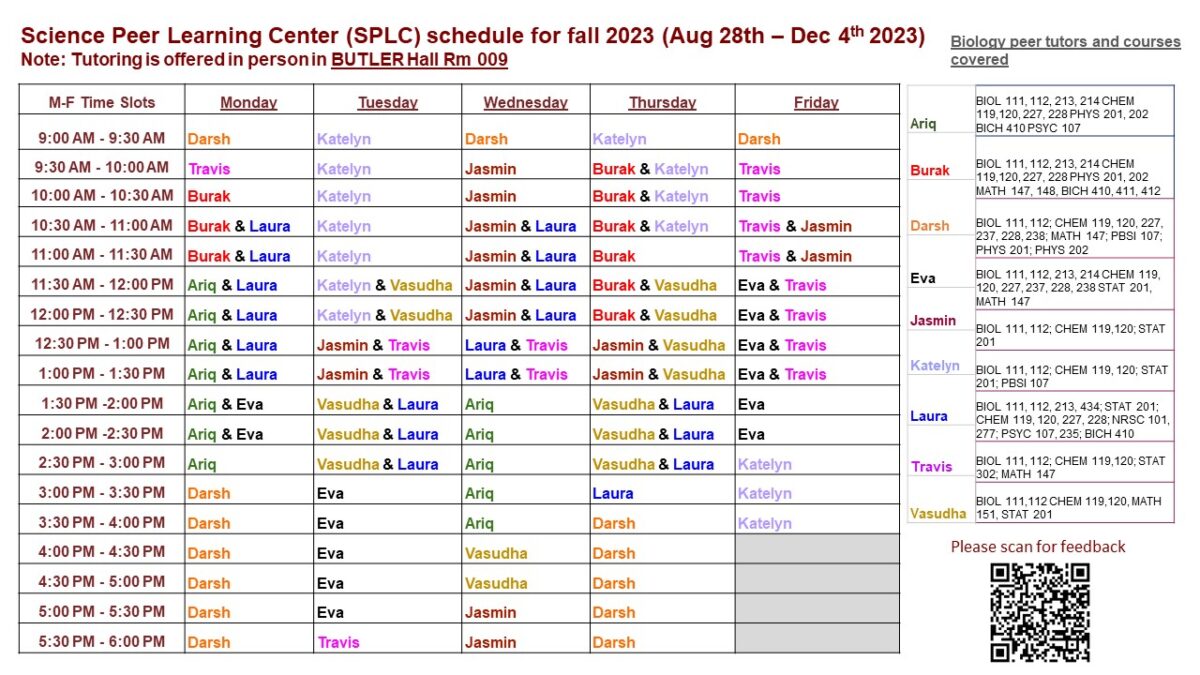 Science Peer Learning Center (SPLC) schedule for fall 2023 (Aug 28th - dec 4th 2023)