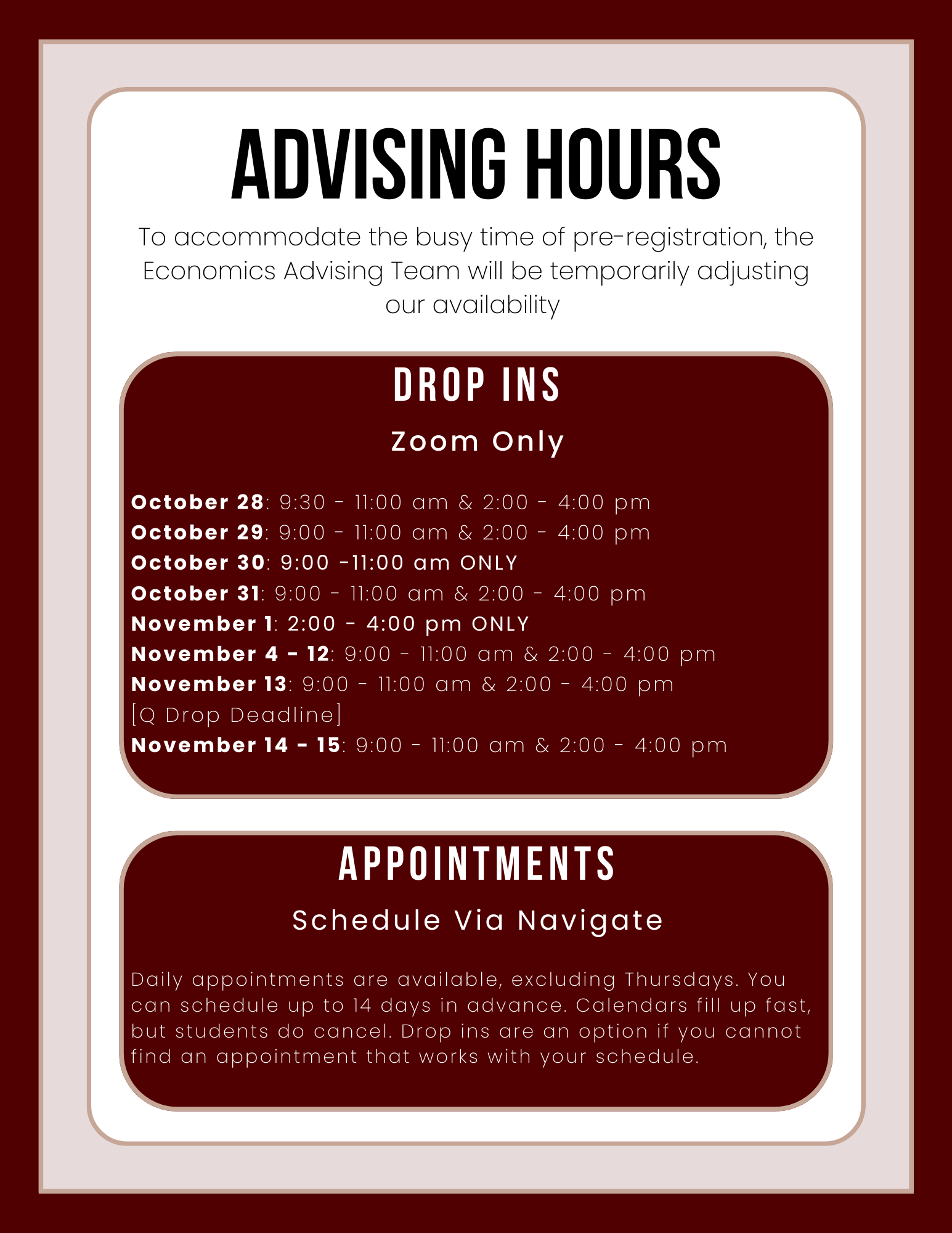 Picture of updated advising hours