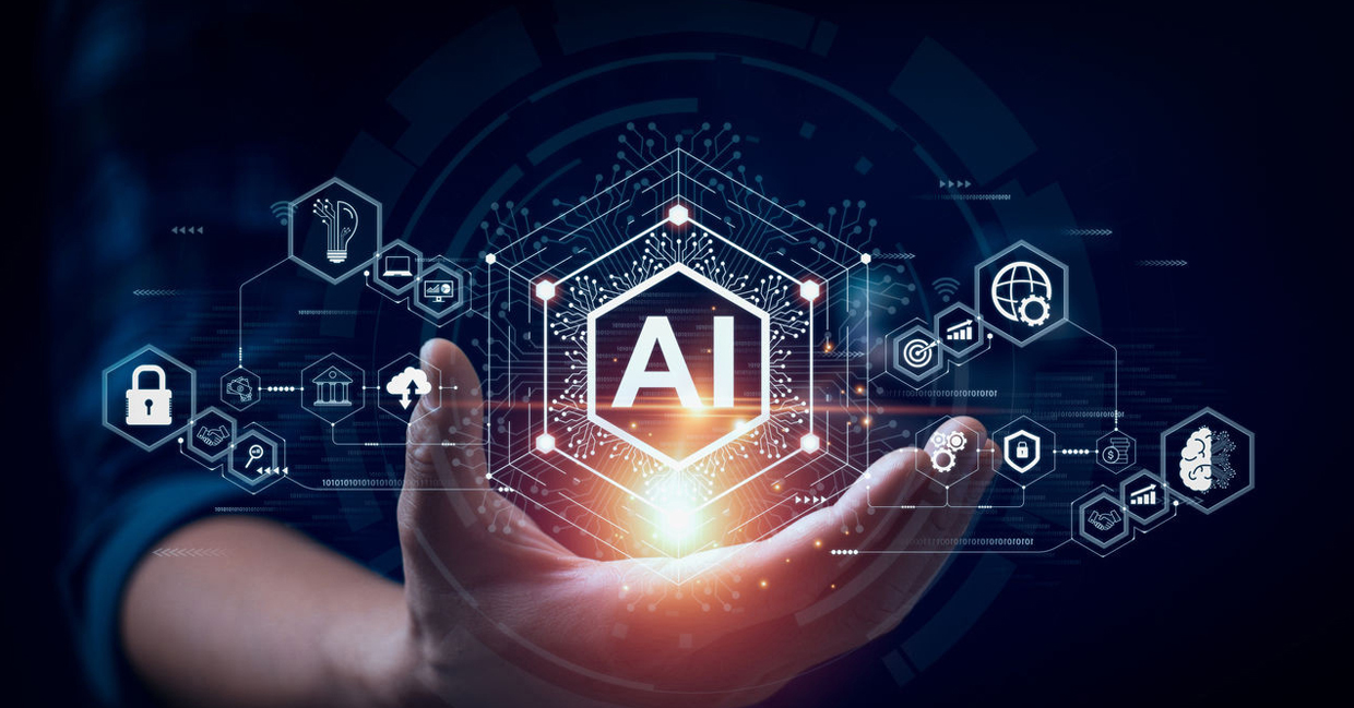 Graphic representation of a hand holding onto AI and tech icons