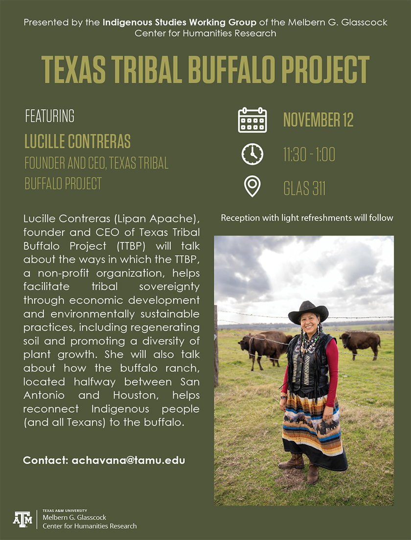 A flyer for a talk by Lucille Contreras(Lipan Apache), founder and CEO of Texas Tribal Buffalo Project.