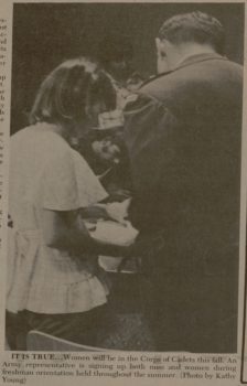 Roxie Pranglin ’78 speaks with an Army representative during her freshman orientation. | Image: The Battalion - June 12, 1974