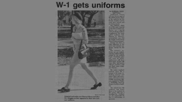 First introduced in the spring of 1975, the female Corps of Cadets uniform would evolve significantly in the years that followed, ultimately becoming much more similar to the male cadets’ uniforms.