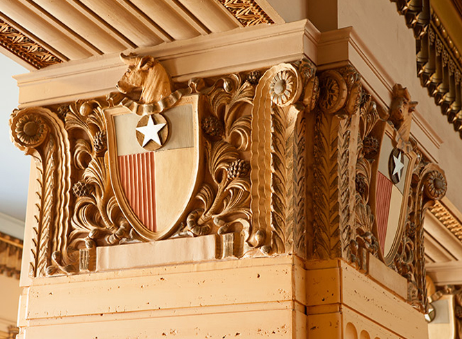 Close up of ornate carved columns in the Jack K. Williams Building on the Texas A&amp;M University campus