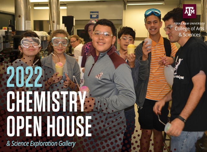 Texas A&amp;M University College of Arts &amp; Sciences 2022 Chemistry Open House &amp; Science Exploration Gallery. Students with goggles on holding snow cones