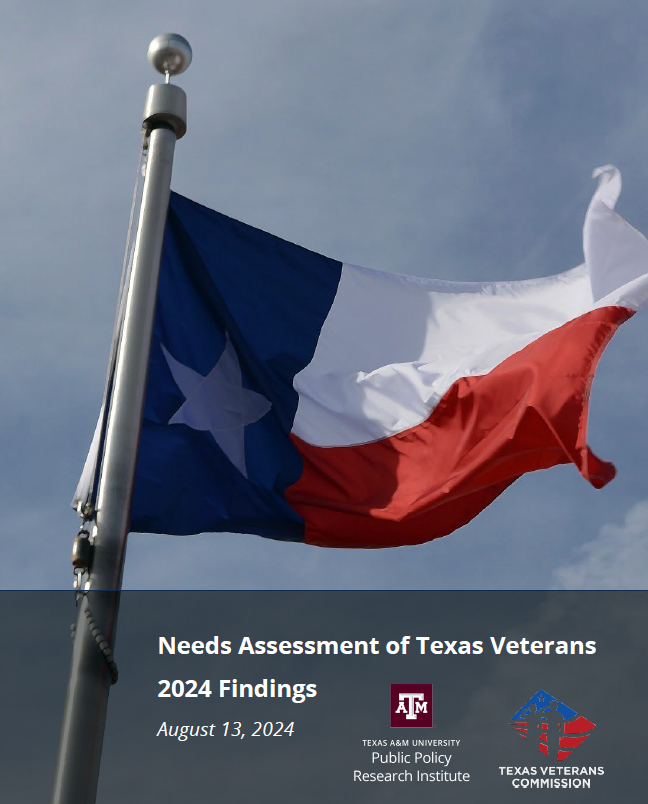 Cover page of the 2024 Texas Veterans Needs Assessment Report, as prepared by the Public Policy Research Institute at Texas A&amp;M University, featuring the State of Texas flag and logos for the PPRI and Texas Veterans Commission