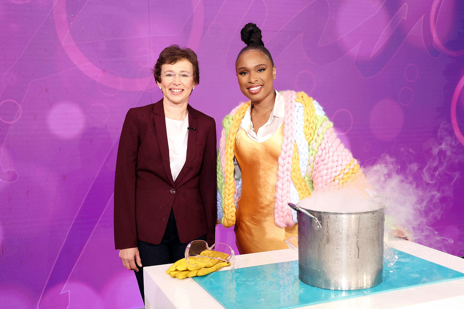 Texas A&amp;M physicist Tatiana Erukhimova (left), on set in Los Angeles with Jennifer Hudson (right)