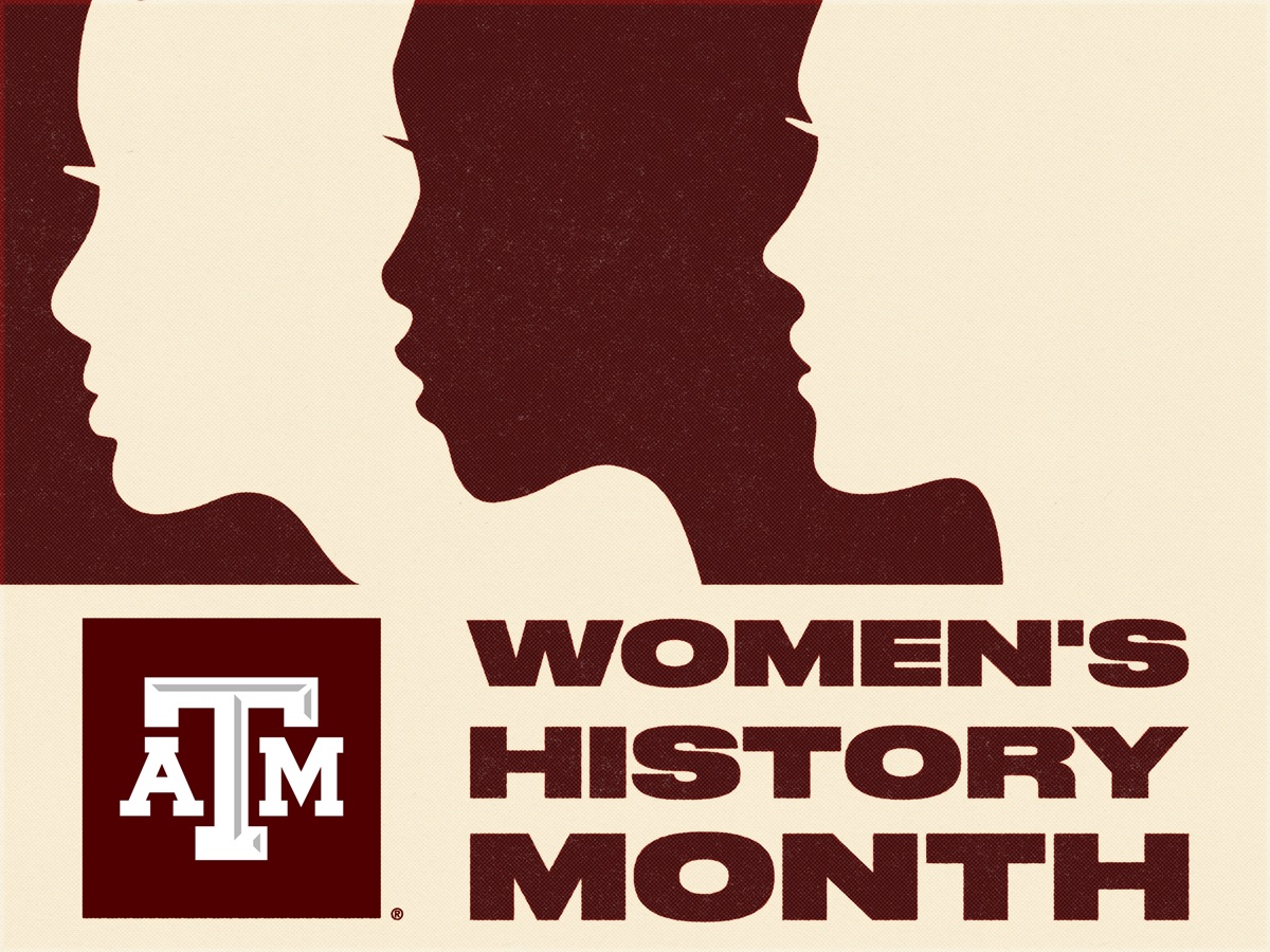 Graphic featuring maroon and off-white silhouettes of female faces in profile along with the Texas A&amp;M logo and the words Women's History Month