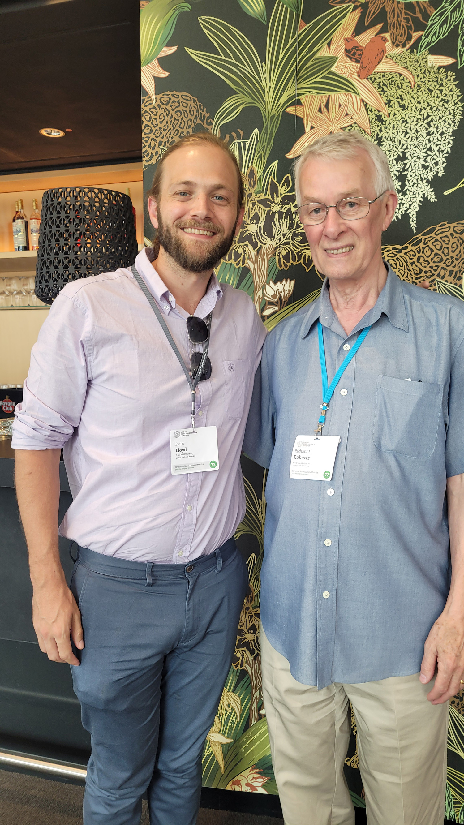 Texas A&amp;M University biology graduate student Evan Lloyd with British biochemist and Nobel Laureate Dr. Richard J. Roberts in Lindau, Germany.