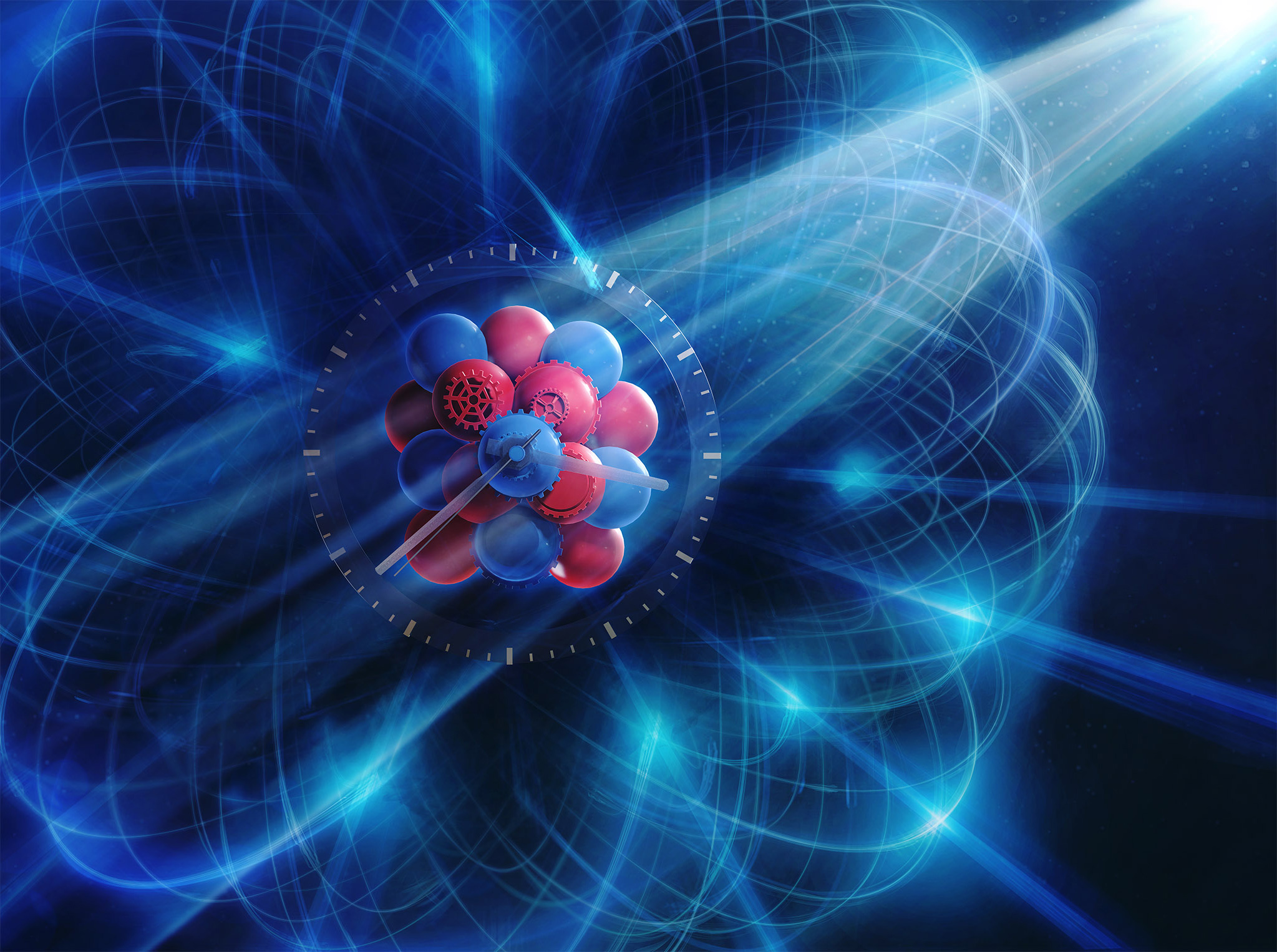 Abstract illustration of X-ray pulses to excite the atomic nucleus of scandium