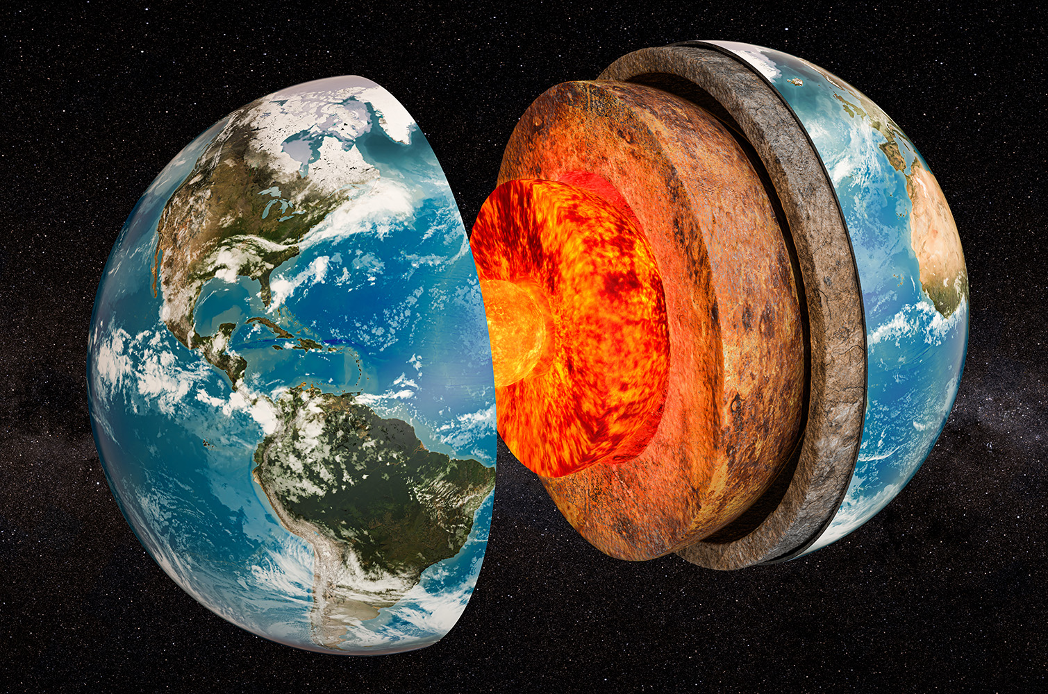 Three-dimensional rendering of the structure of Planet Earth in space