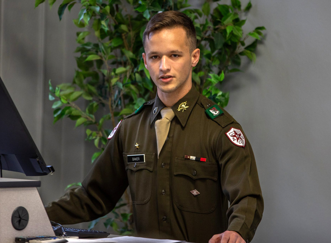 Texas A&amp;M University junior history major Jackson Baker presents his research at the Never Forgotten: Conflict Archaeology and Military History at Texas A&amp;M Symposium on Nov. 9, 2023