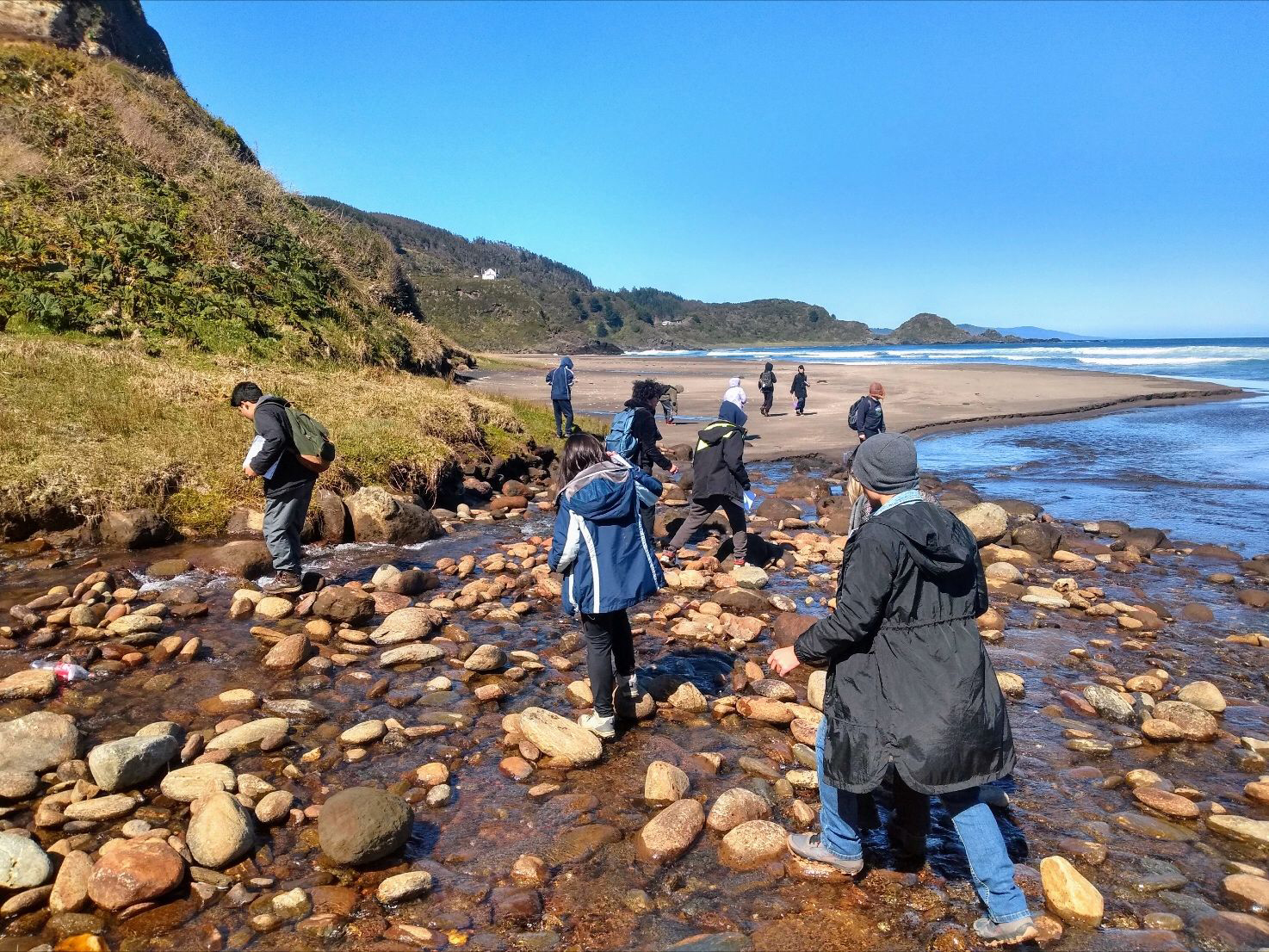 Los Pellines Intercultural Rural School students explore Calfuco Beach in Chile, observing bird migration and evidence of other scientific phenomena