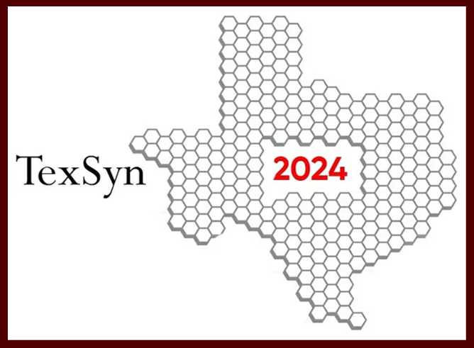 Promotional graphic for the TexSyn VI Conference consisting of an outline of the state map of Texas comprised of hexagonal molecules with a "2024" at the center