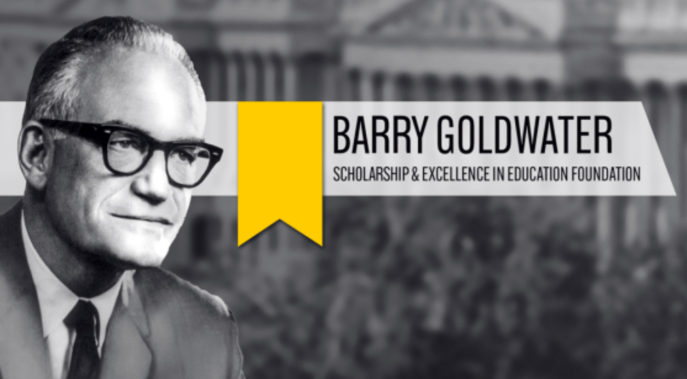 Graphic promoting the Goldwater Scholar Award featuring a black and white photograph of United States Senator Barry Goldwater