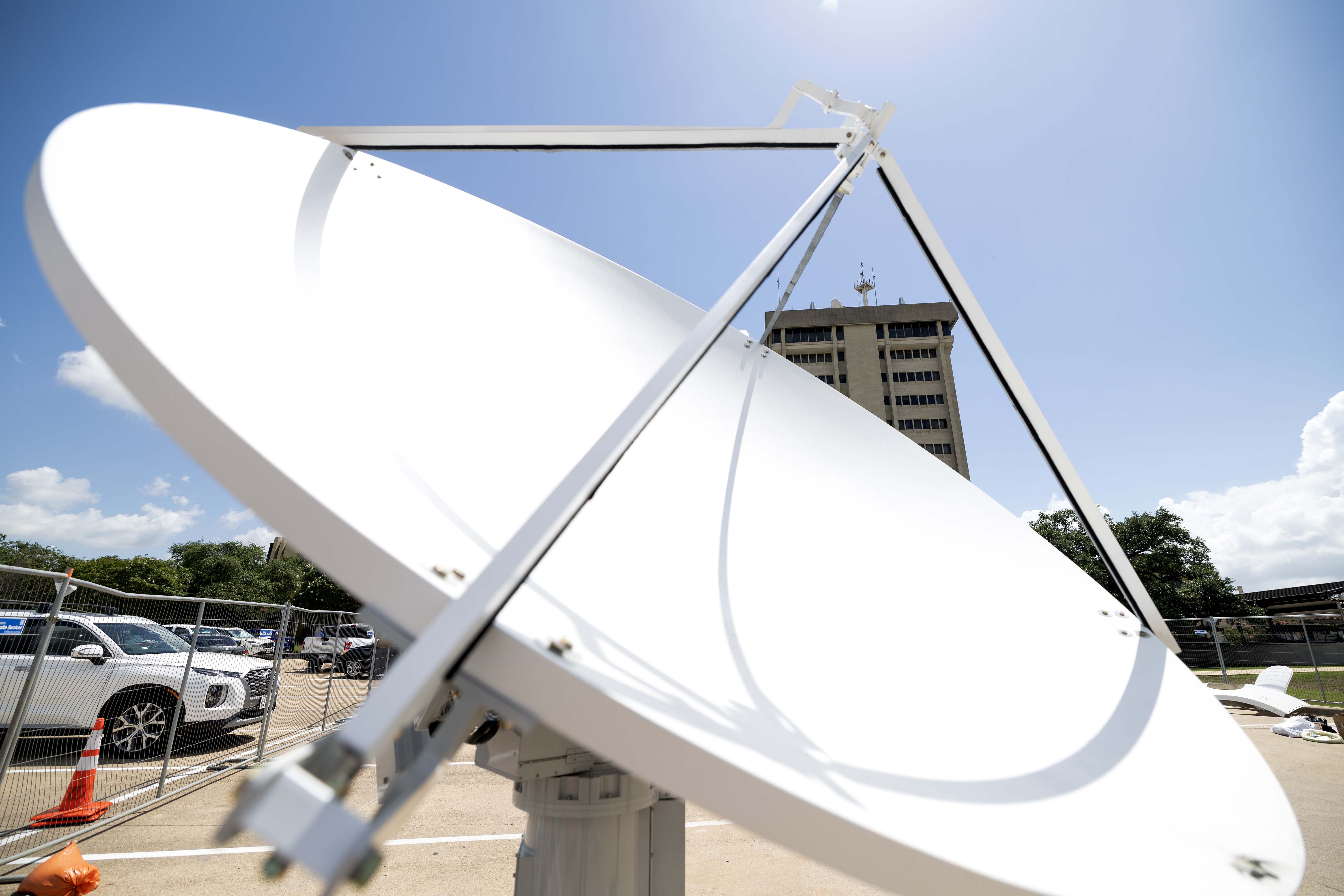 The new radar antenna, awaiting installation outside the Eller Oceanography and Meteorology Building on the Texas A&M University campus on June 20, 2024