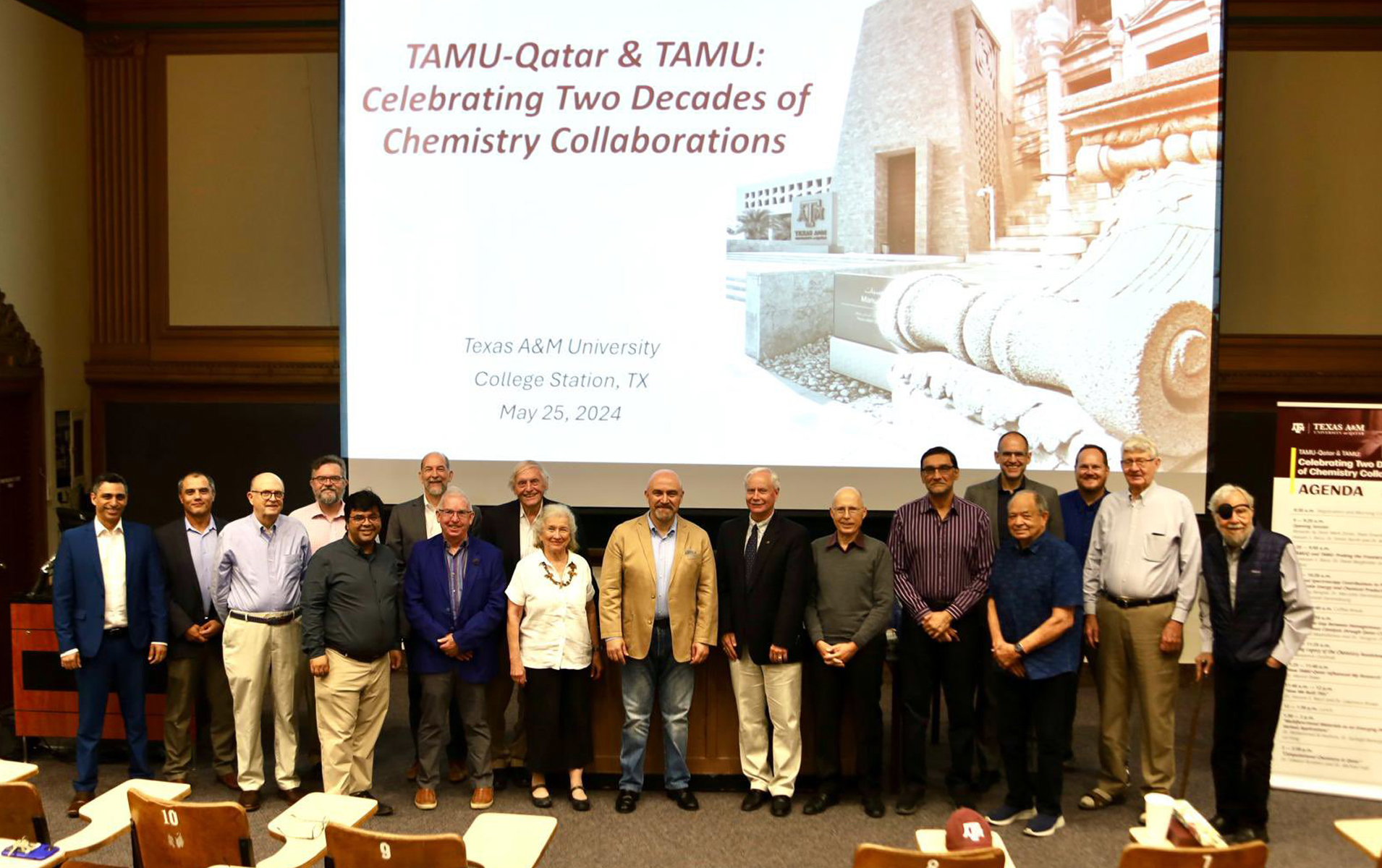 Group photograph of chemistry faculty and administrators from Texas A&amp;M University and Texas A&amp;M University at Qatar taken in Martell Lecture Hall on the Texas A&amp;M University campus on May 25, 2024