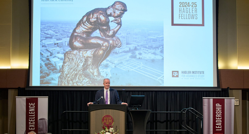 Texas A&amp;M University Provost Alan Sams addresses the crowd at a September 23, 2024, reception for the 2024-25 Hagler Fellows on the Texas A&amp;M campus