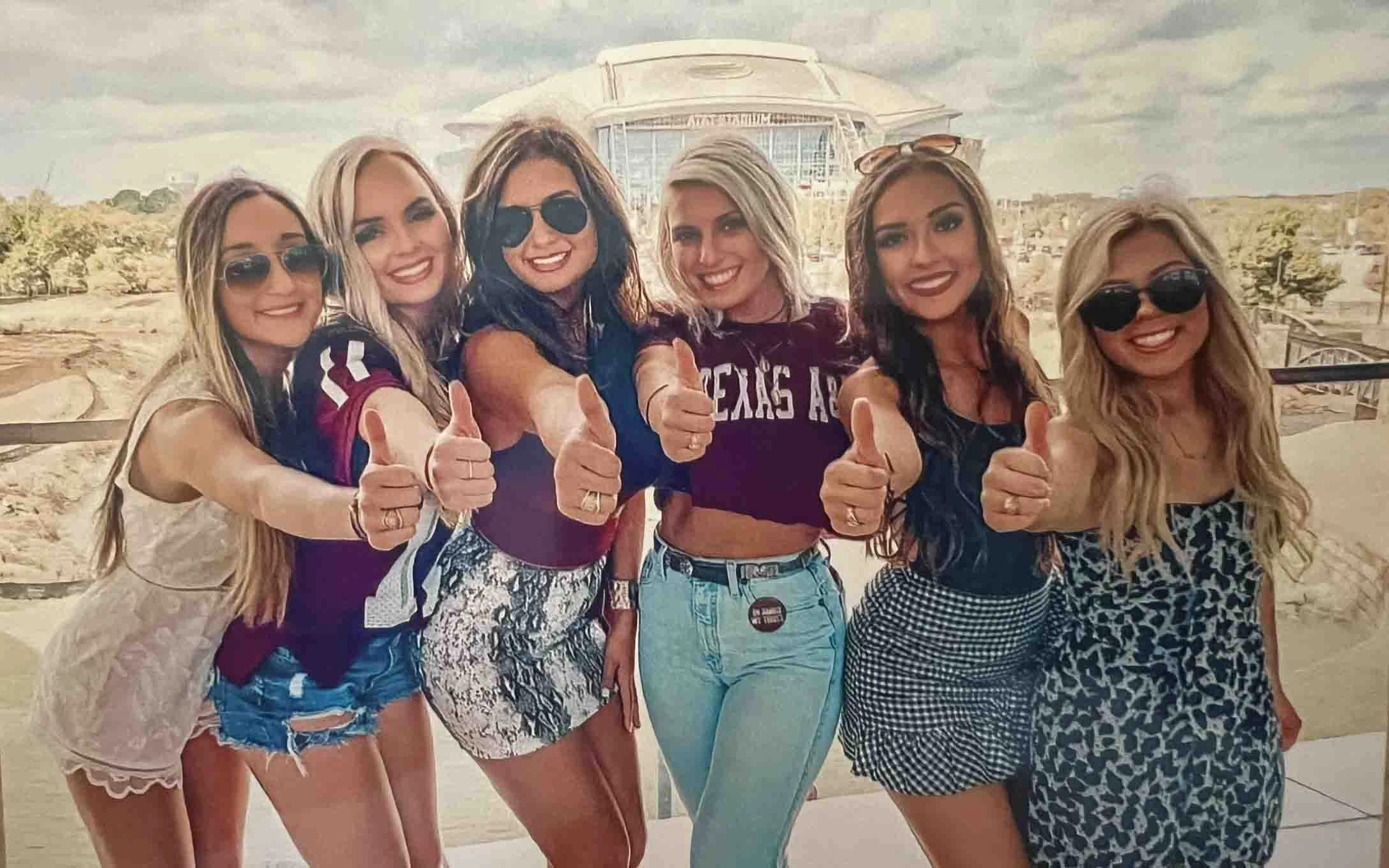 2020 Texas A&amp;M University economics graduate Noelle Levantino (third from right) poses with friends (from left) Jessica Gonzalez ’20, Grace Speaks ’20, Maddie Morris ’20, Meredith Storey ’20 and Abby Harper ’20 at a Texas A&amp;M football game in Arlington