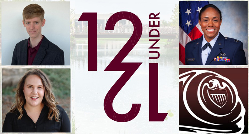 Composite graphic featuring the 12 Under 12 logo and photographs of the three 2024 recipients from the Texas A&M University College of Arts and Sciences along with The Association of Former Students logo