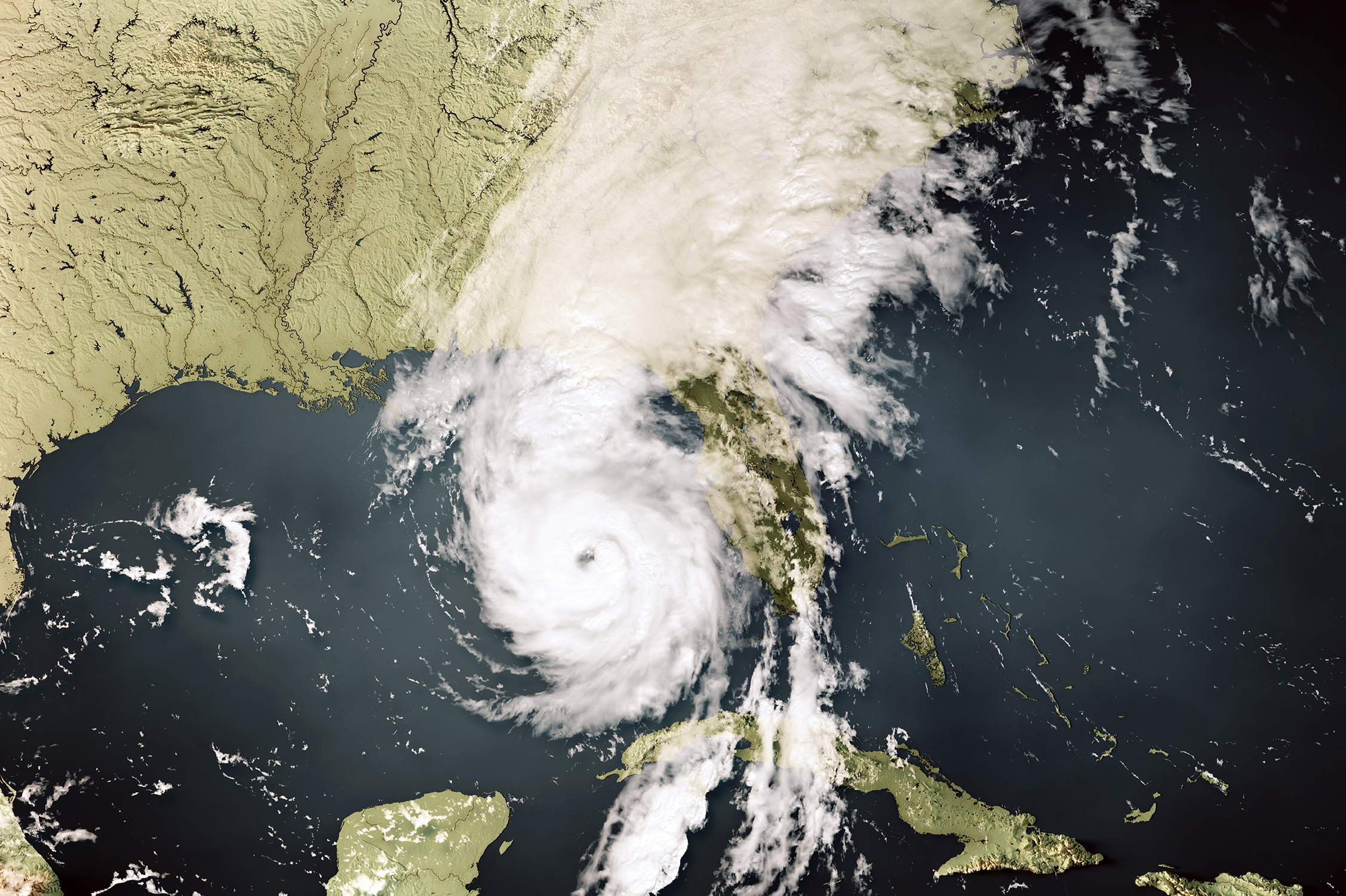 3D render of a topographic map of Hurricane Helene approaching Big Bend of Florida on September 26, 2024