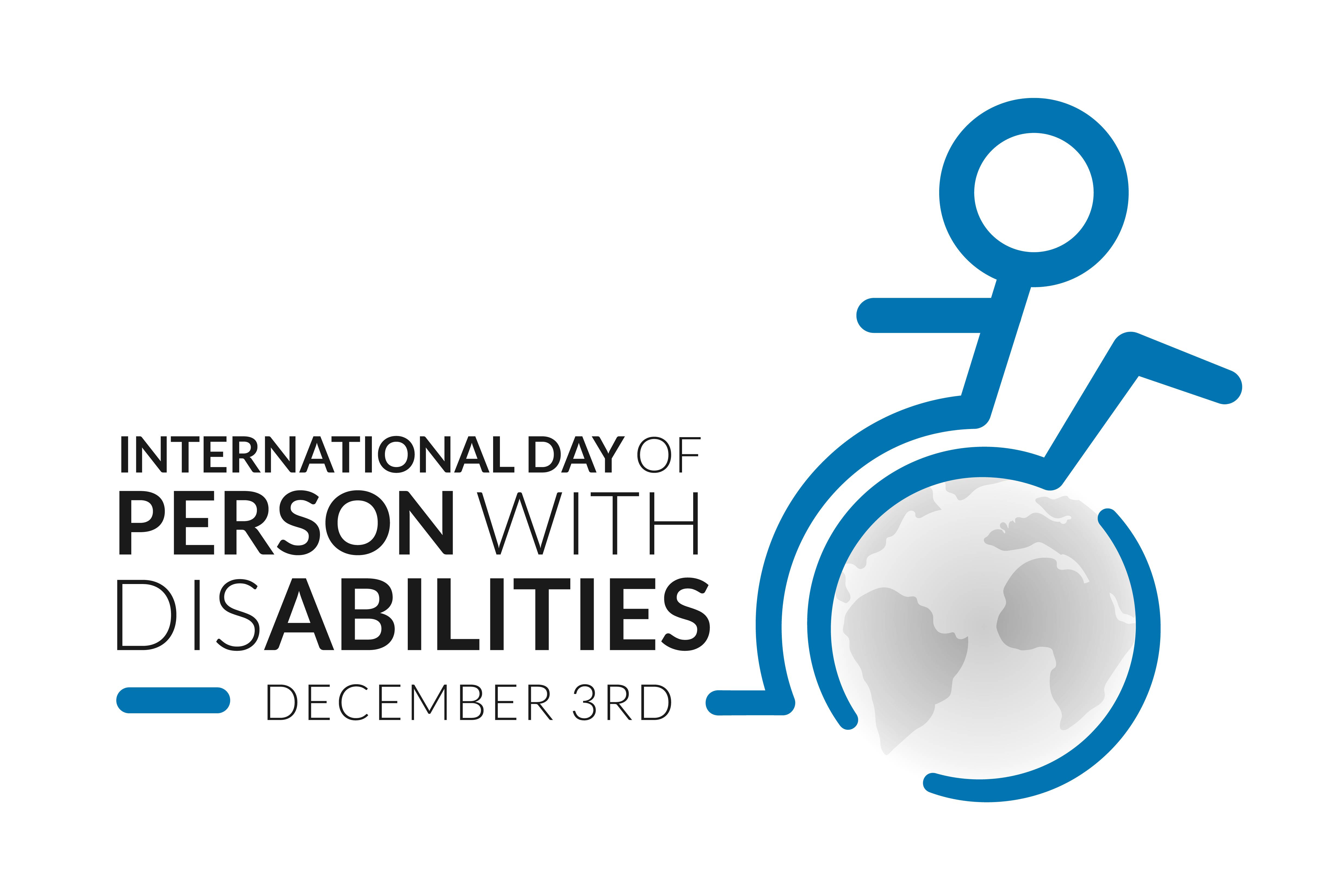 Logo for International Day of Persons with Disabilities, featuring a stylized person in a wheelchair, integrated with a globe, and the text "December 3rd" below.