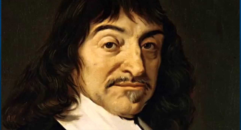 Painted portrait of Rene Descartes on black background.